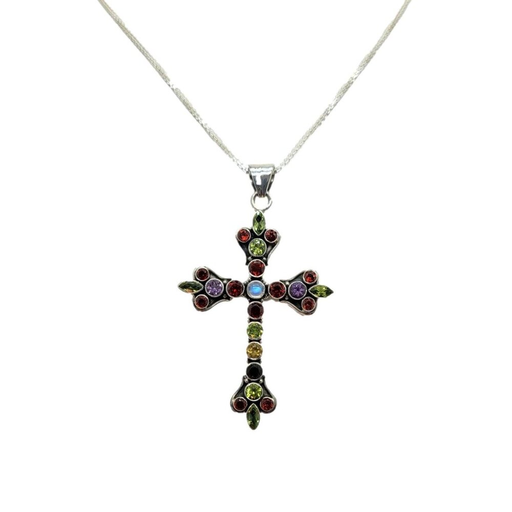 Fleur de Lis Gemstone Cross Pendant with Chain Nicky Butler .925 Sterling Silver